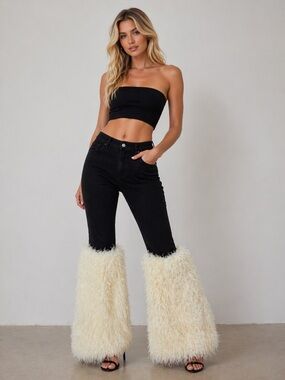 AKIRA Black Denim Shag Fur Pants Size M High Waisted Statement Jeans NWT
